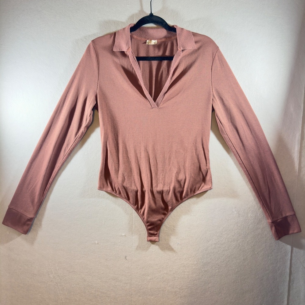 388 | Free People Intimately Ribbed V-Neck Collared Bodysuit Mauve Women XL